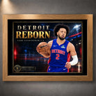 Oak framed Cade Cunningham basketball wall art featuring the Detroit Reborn collector design.