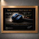 Oak framed Dick Johnson Bathurst 1980 motorsport wall art displayed against a softly lit grey textured wall.