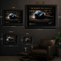 Dick Johnson Bathurst 1980 wall art size guide showing Small, Medium, Large and X Large framed dimensions.