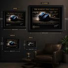 Dick Johnson Bathurst 1980 wall art size guide showing Small, Medium, Large and X Large framed dimensions.