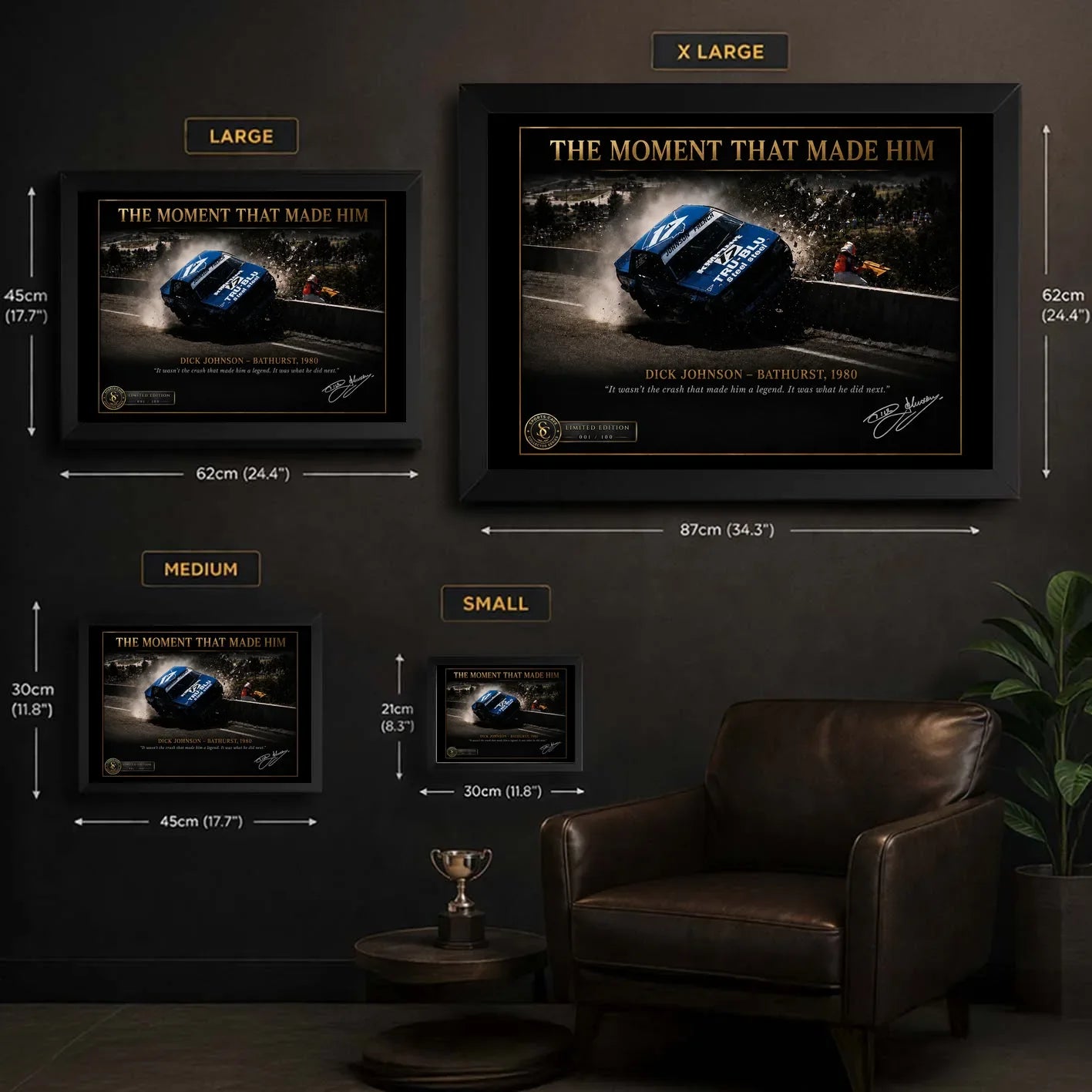 Dick Johnson Bathurst 1980 wall art size guide showing Small, Medium, Large and X Large framed dimensions.