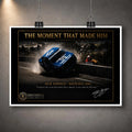 Unframed Dick Johnson Bathurst 1980 motorsport wall art print suspended with clips against a grey wall.