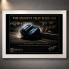 White framed Dick Johnson Bathurst 1980 motorsport wall art displayed against a softly lit grey textured wall.