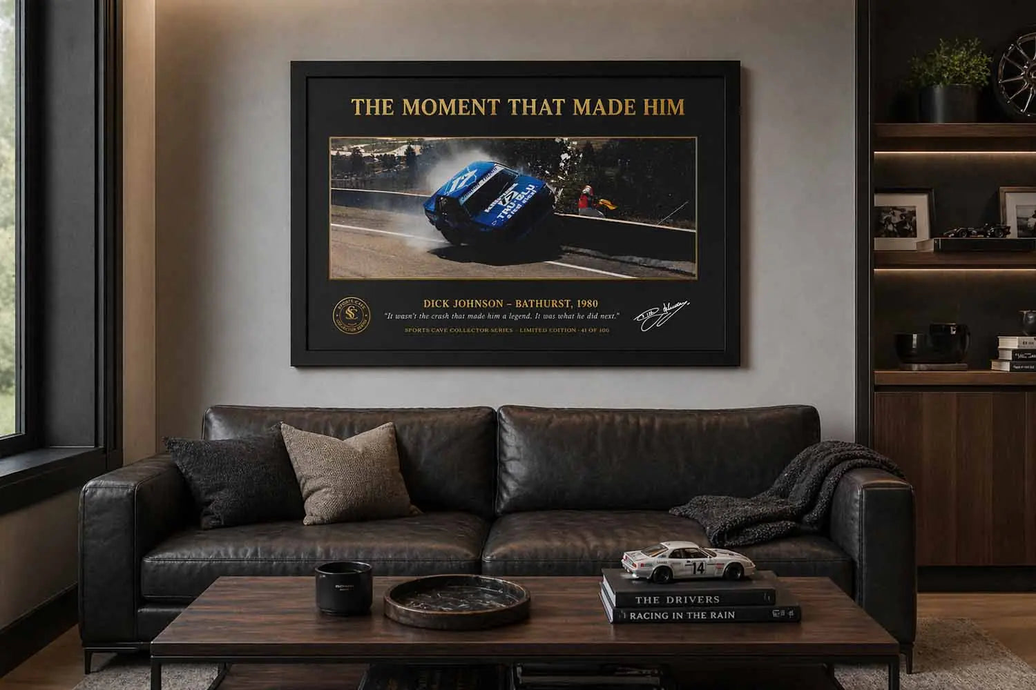 Dick Johnson motorsports wall art in modern man cave setting, black framed Bathurst 1980 crash collectible
