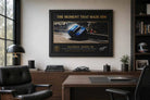 Dick Johnson Bathurst crash artwork styled in executive office, premium framed sports memorabilia display