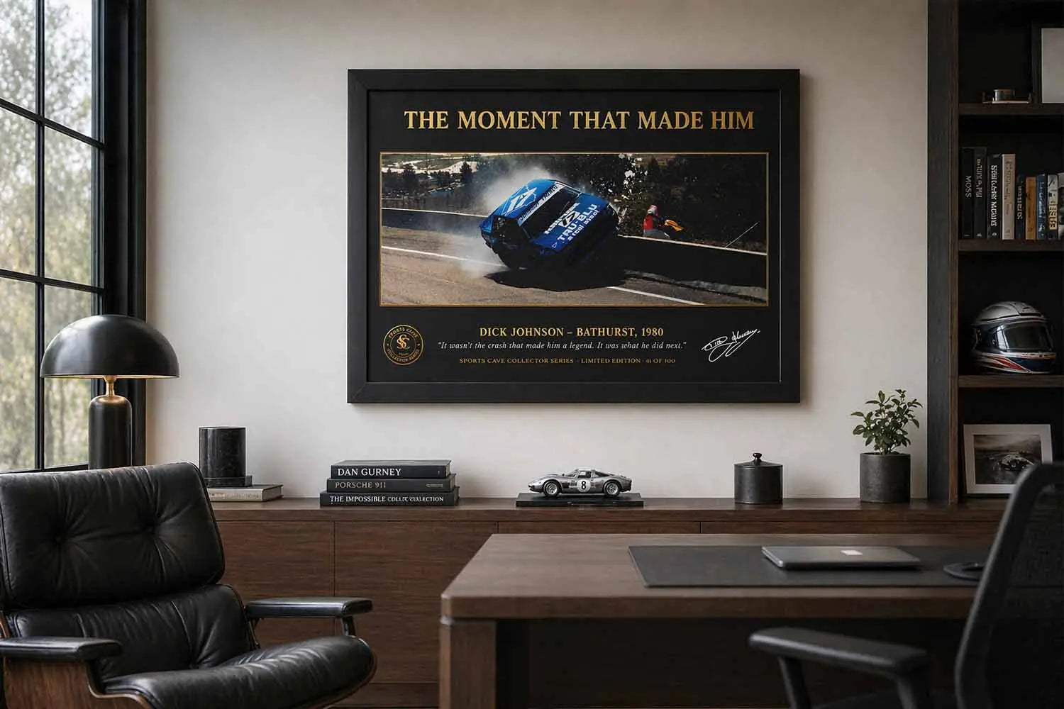 Dick Johnson Bathurst crash artwork styled in executive office, premium framed sports memorabilia display