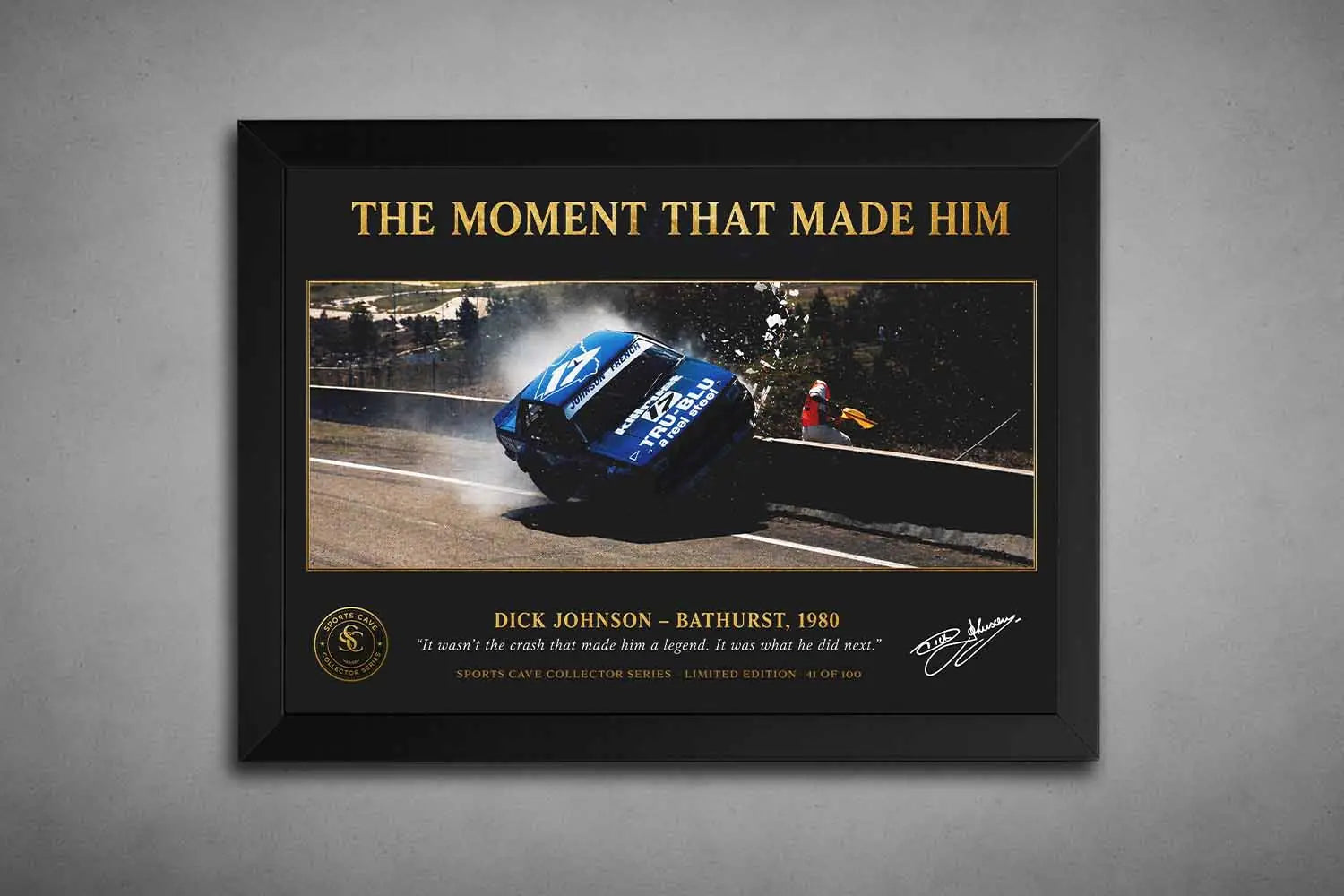 Dick Johnson Bathurst 1980 crash moment displayed in black frame, premium motorsports wall art for collectors