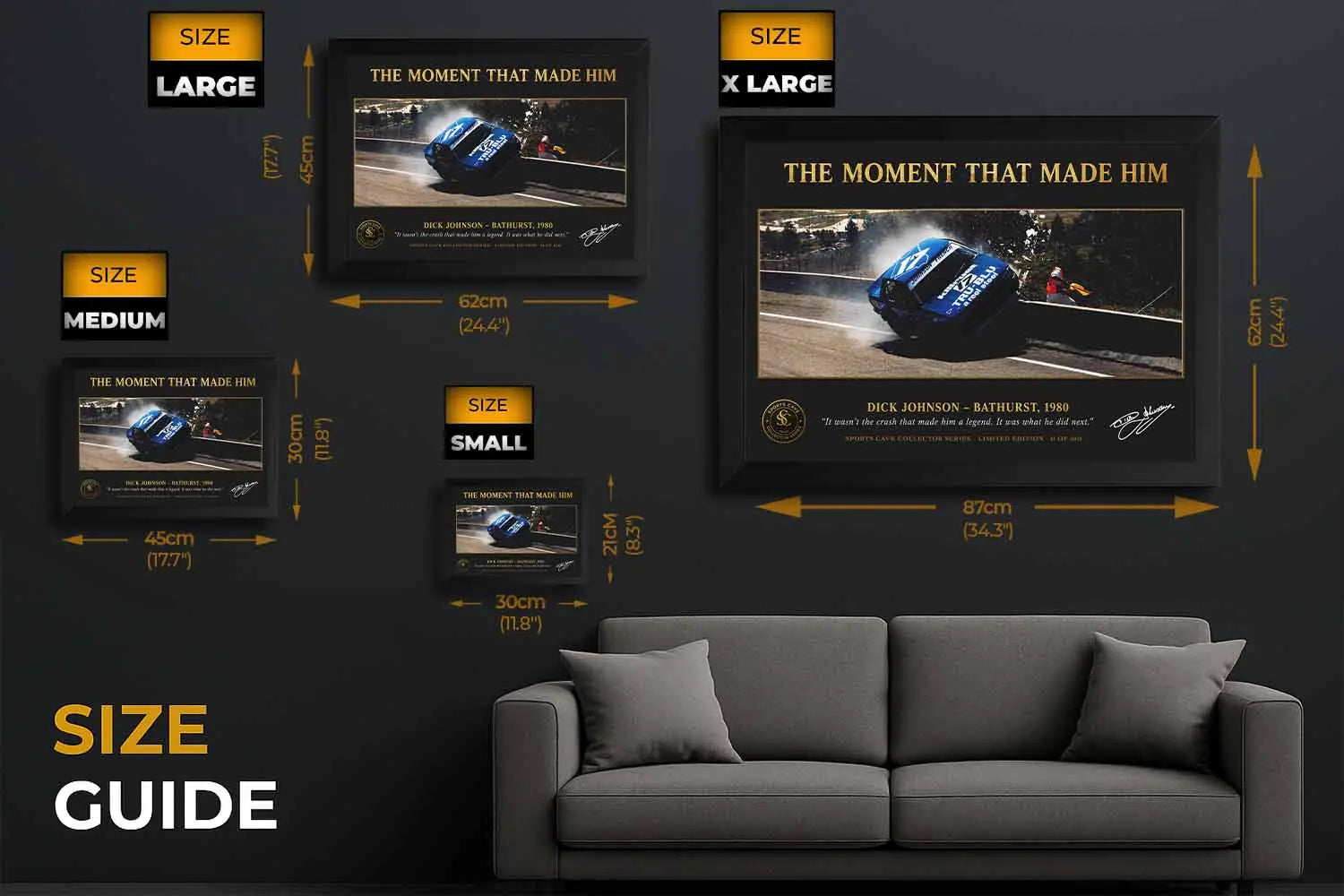 Dick Johnson motorsports wall art size guide showing small, medium, large and extra large framed options
