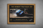 Dick Johnson Bathurst 1980 crash artwork in oak frame, premium sports wall art with warm natural finish
