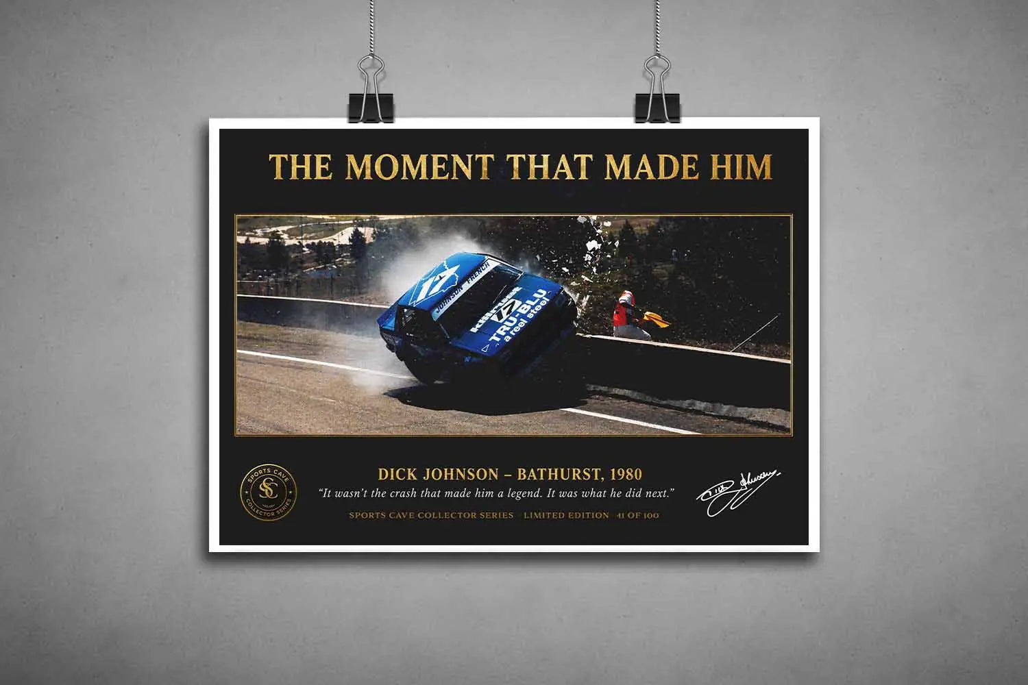 Dick Johnson Bathurst crash print unframed, clean presentation of limited edition sports art print design