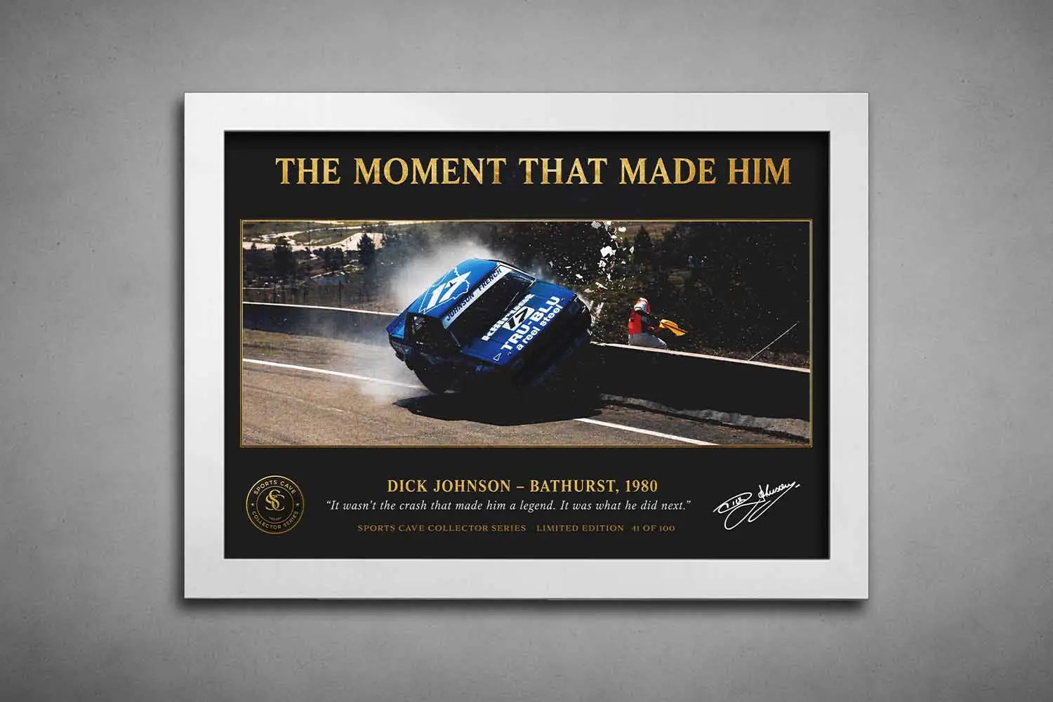 Dick Johnson Bathurst 1980 crash artwork in white frame, premium motorsports wall art with modern aesthetic