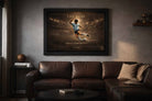Diego Maradona framed sports wall art displayed in a modern man cave, showcasing Argentina 1986 legend with warm lighting and luxury feel.