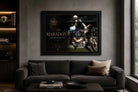 Diego Maradona sports wall art displayed in a modern man cave with premium framed sports memorabilia styling.