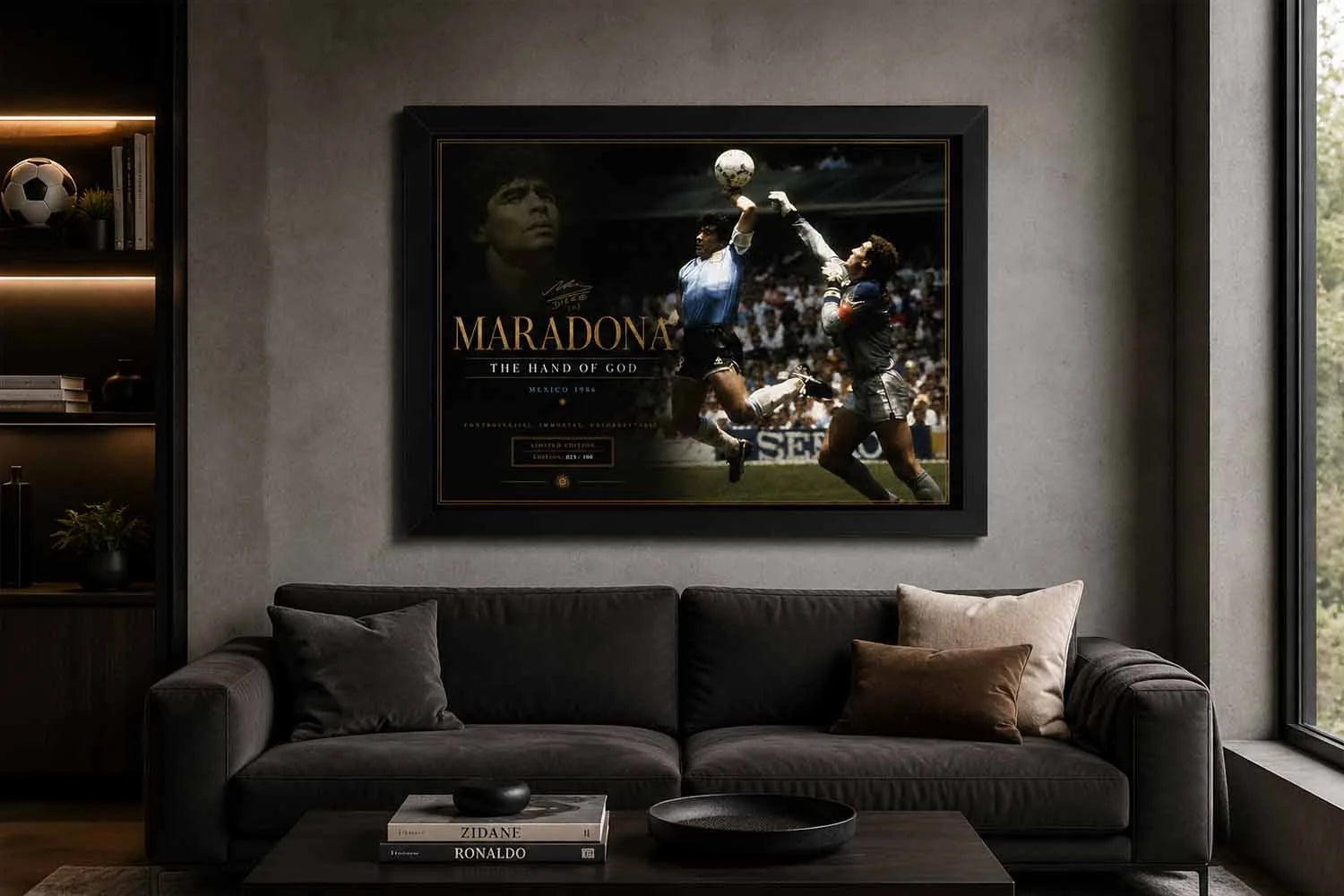 Diego Maradona sports wall art displayed in a modern man cave with premium framed sports memorabilia styling.