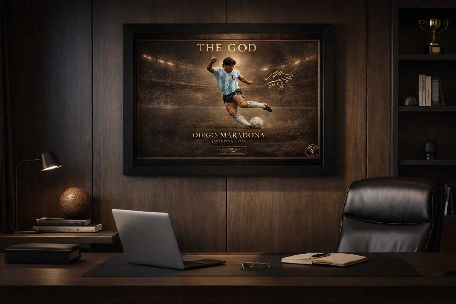 Diego Maradona framed sports memorabilia in executive office setting, Argentina 1986 artwork adding legacy and prestige to workspace décor.