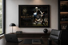 Diego Maradona framed sports art showcased in a modern executive office inspired by the iconic Hand of God goal.