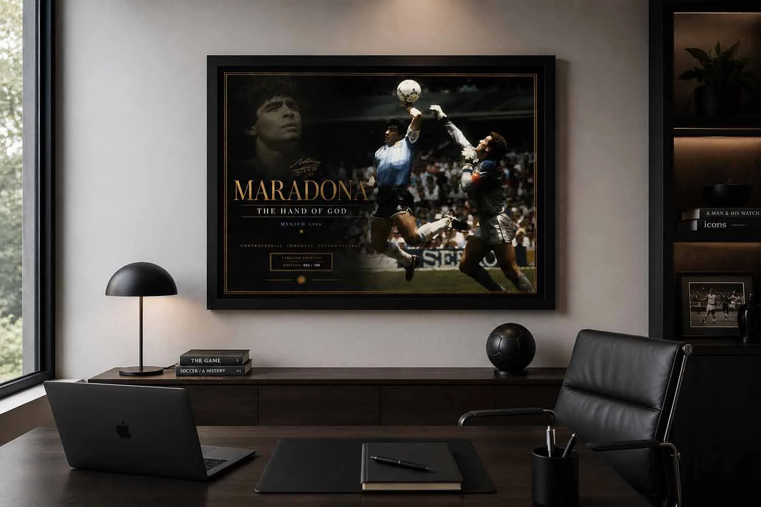 Diego Maradona framed sports art showcased in a modern executive office inspired by the iconic Hand of God goal.