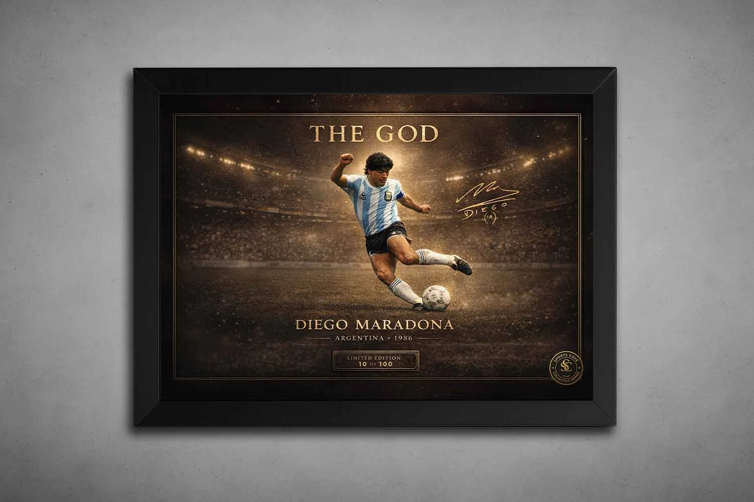 Diego Maradona 1986 Argentina framed sports art in black frame, iconic strike moment with stadium glow and premium collector finish.