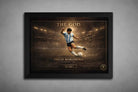 Diego Maradona 1986 Argentina framed sports art in black frame, iconic strike moment with stadium glow and premium collector finish.