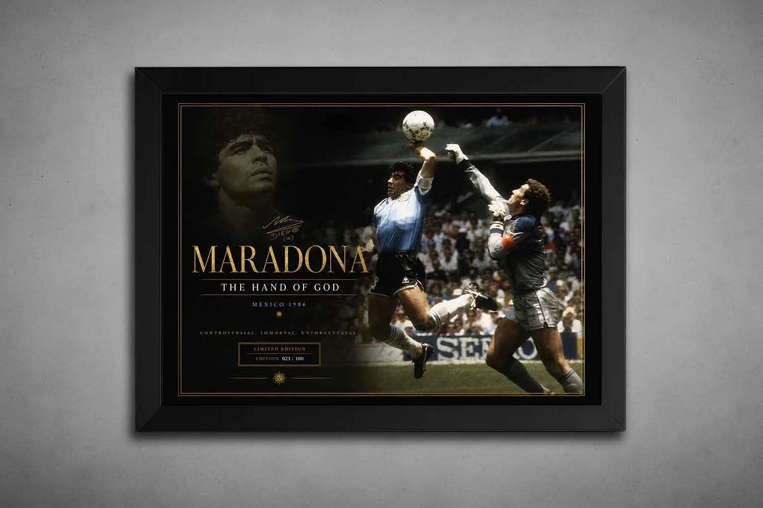 Diego Maradona Hand of God framed sports wall art in black frame featuring the iconic Mexico 1986 moment.