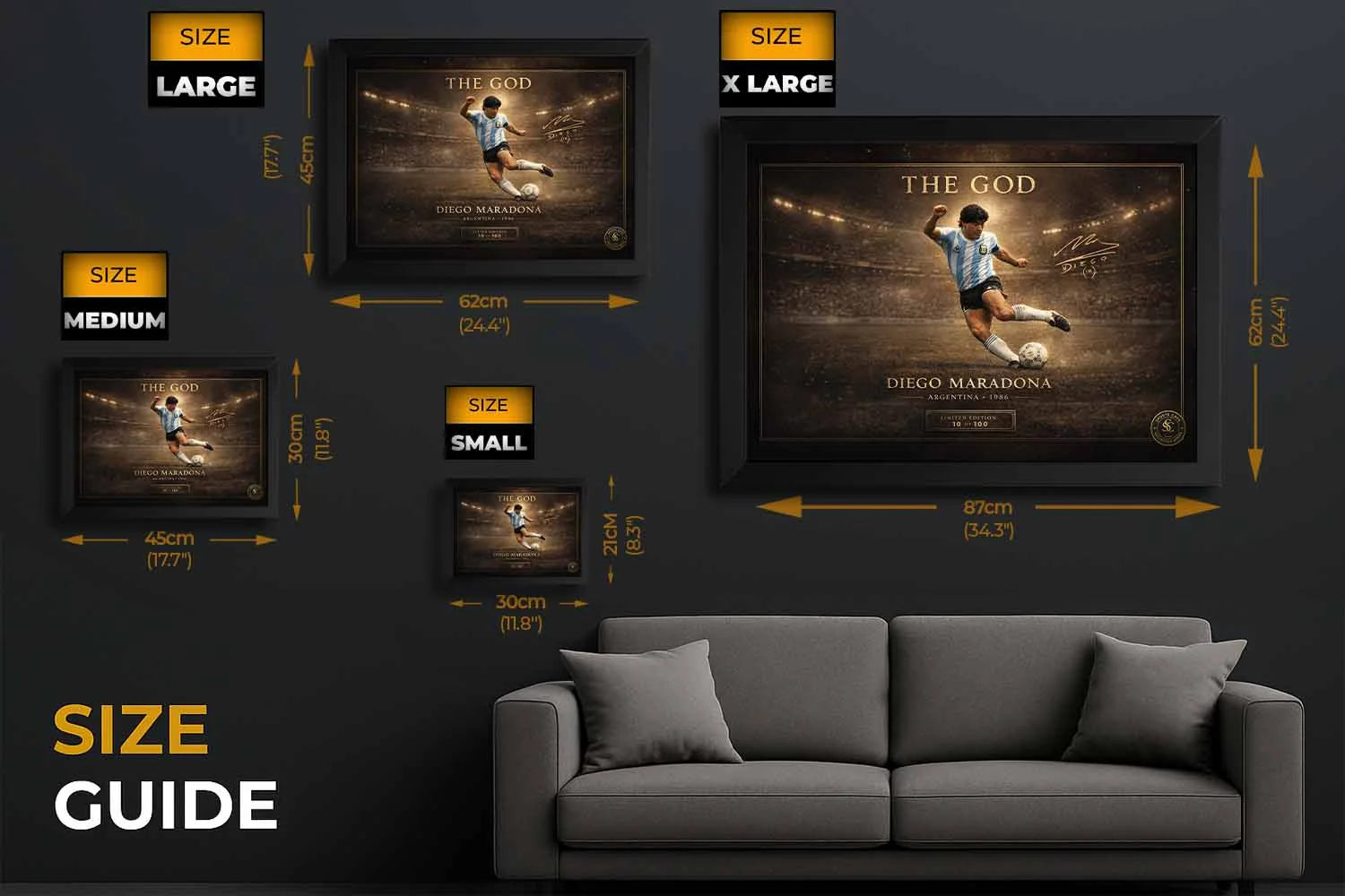 Diego Maradona Argentina 1986 wall art size guide showing multiple frame dimensions for perfect fit in any space or man cave wall décor.