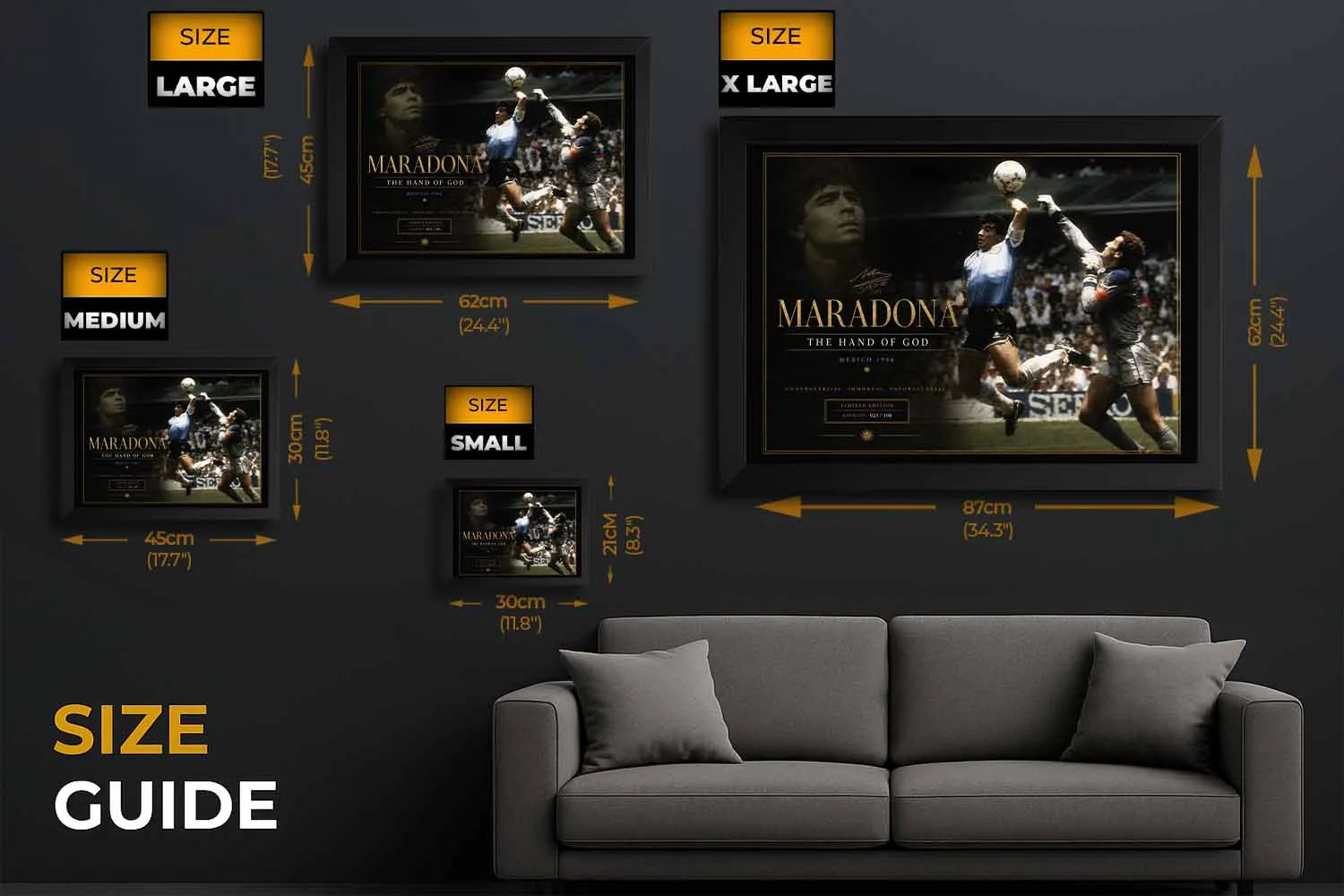 Diego Maradona sports wall art size guide showing framed print dimensions for premium man cave wall décor.