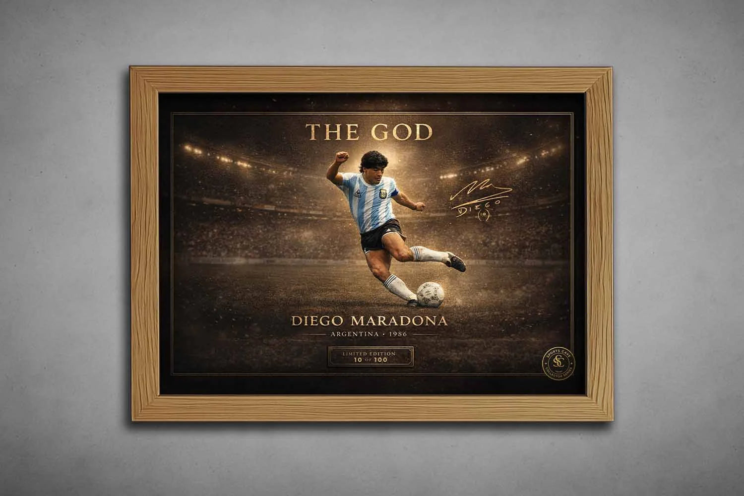 Diego Maradona Argentina 1986 oak frame sports wall art featuring legendary goal moment with rich tones and premium wooden finish.