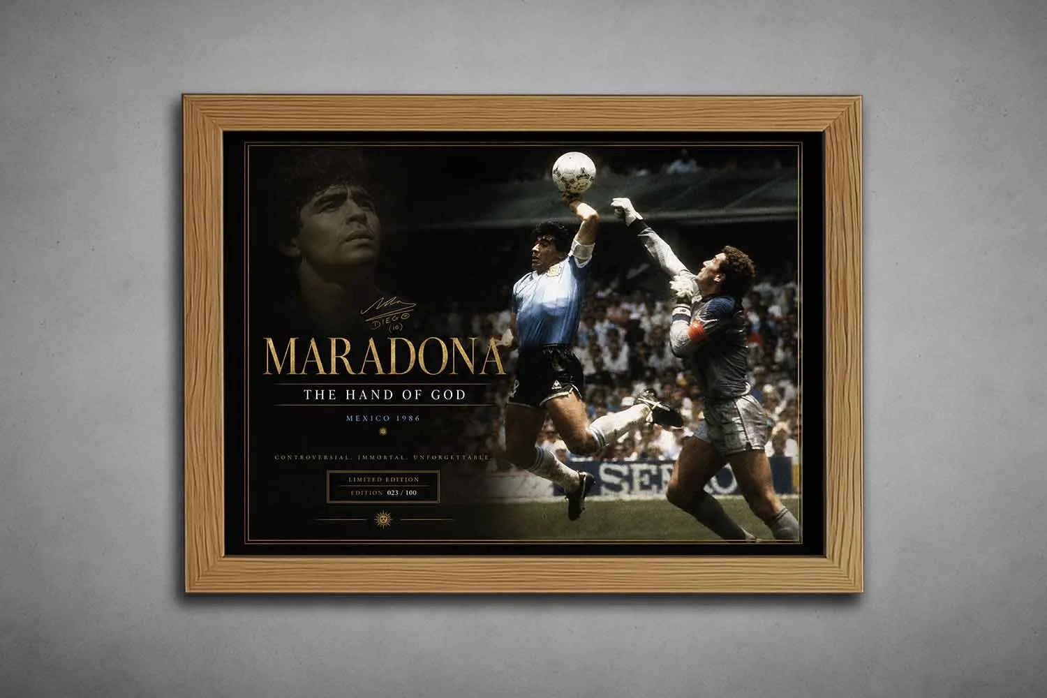 Diego Maradona Hand of God sports wall art in natural oak frame celebrating the legendary 1986 World Cup goal.