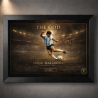 Diego Maradona The God soccer wall art in a black frame, showing Argentina 1986 artwork with stadium lights.