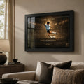 Diego Maradona framed soccer wall art displayed above a sofa in a warm modern living room setting.