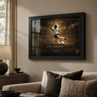 Diego Maradona framed soccer wall art displayed above a sofa in a warm modern living room setting.