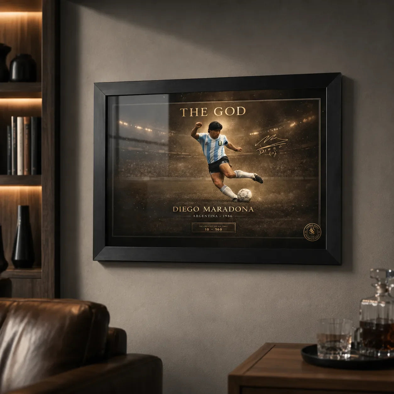 Diego Maradona framed soccer wall art on a dark man cave wall with shelves, leather seating and warm lighting.