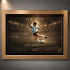 Diego Maradona The God soccer wall art in an oak frame, showing the Argentina 1986 artwork.