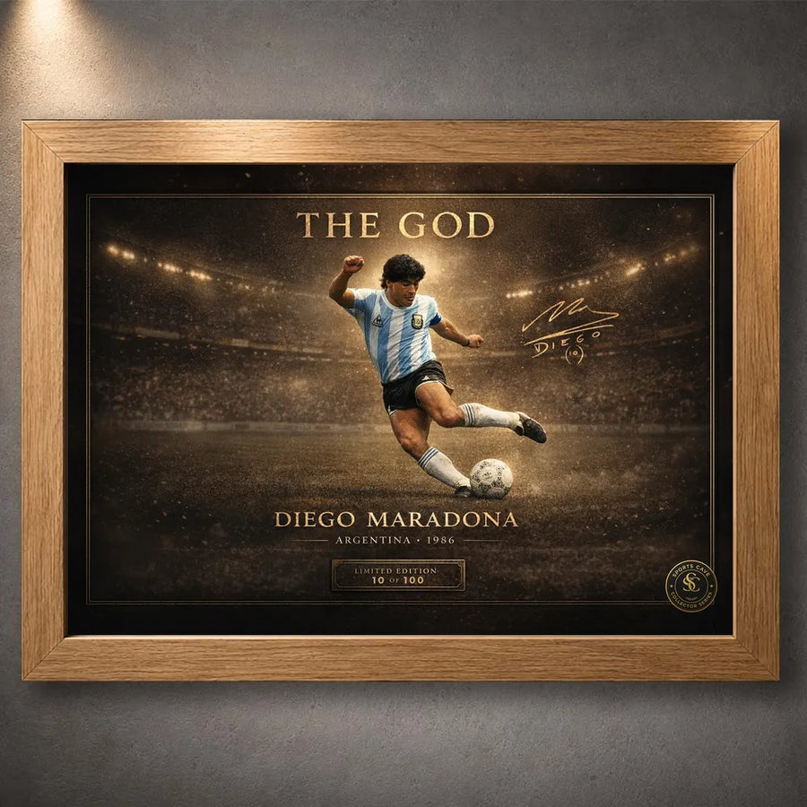 Diego Maradona The God soccer wall art in an oak frame, showing the Argentina 1986 artwork.