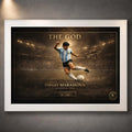Diego Maradona The God soccer wall art in a white frame, showing the Argentina 1986 artwork.