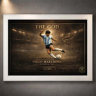 Diego Maradona The God soccer wall art in a white frame, showing the Argentina 1986 artwork.