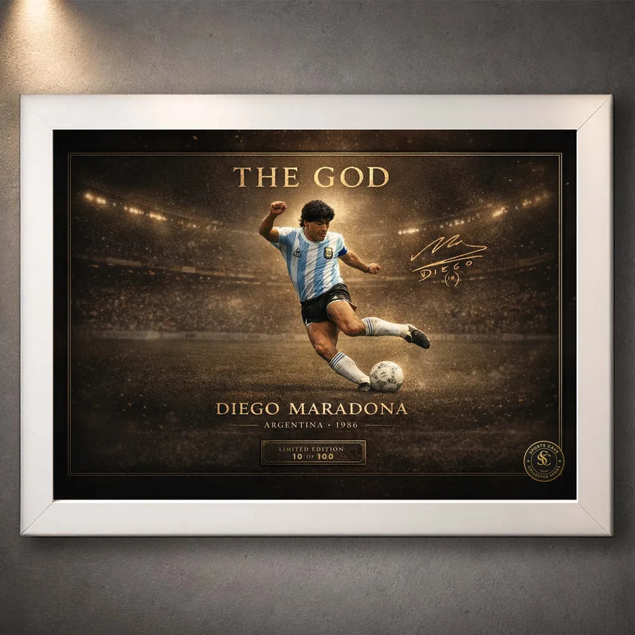 Diego Maradona The God soccer wall art in a white frame, showing the Argentina 1986 artwork.