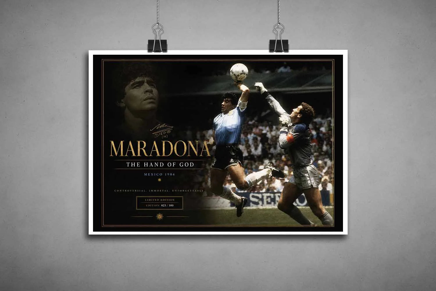 Unframed Diego Maradona sports art print featuring the legendary Hand of God moment from Mexico 1986.