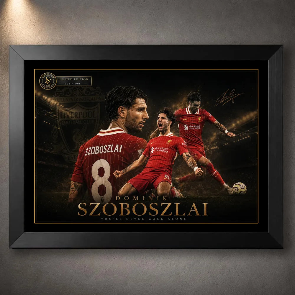 Dominik Szoboszlai Liverpool FC soccer wall art in a black frame with red kit action artwork and gold border.