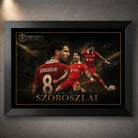 Dominik Szoboszlai Liverpool FC soccer wall art in a black frame with red kit action artwork and gold border.
