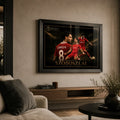 Dominik Szoboszlai Liverpool FC soccer wall art in a black frame displayed in a modern living room.