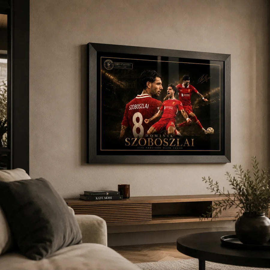 Dominik Szoboszlai Liverpool FC soccer wall art in a black frame displayed in a modern living room.