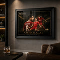 Dominik Szoboszlai Liverpool FC black framed soccer wall art shown in a dark man cave lounge setting.