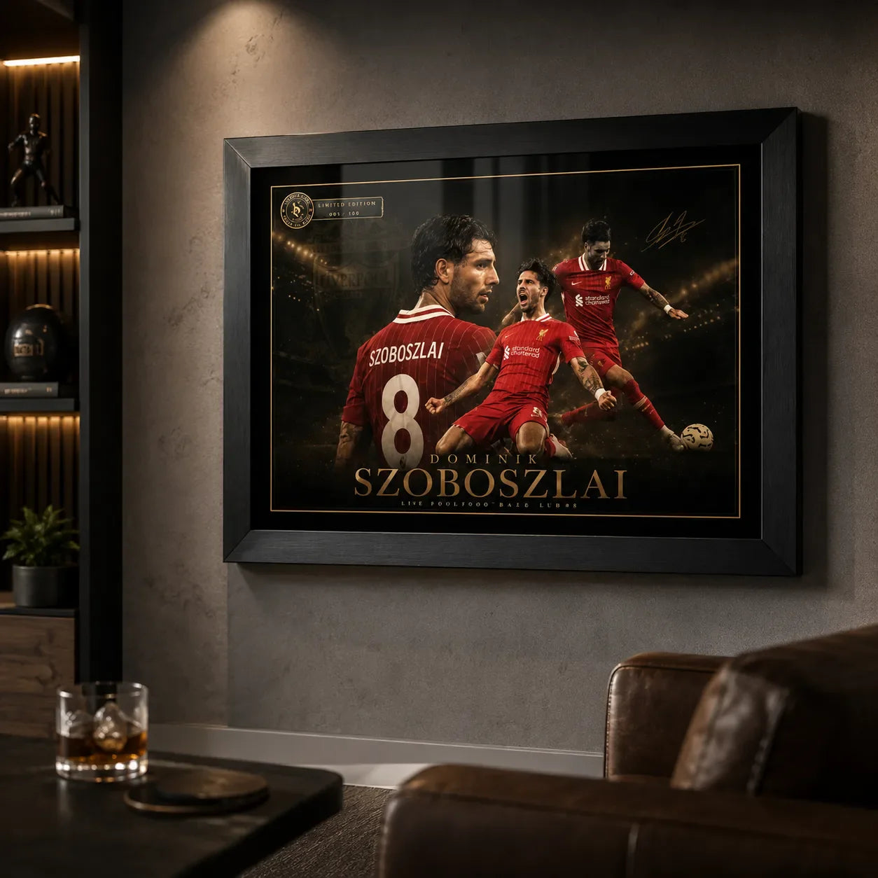 Dominik Szoboszlai Liverpool FC black framed soccer wall art shown in a dark man cave lounge setting.