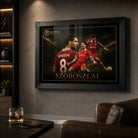 Dominik Szoboszlai Liverpool FC black framed soccer wall art shown in a dark man cave lounge setting.