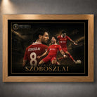 Dominik Szoboszlai Liverpool FC soccer wall art in an oak frame with red kit action artwork and gold border.
