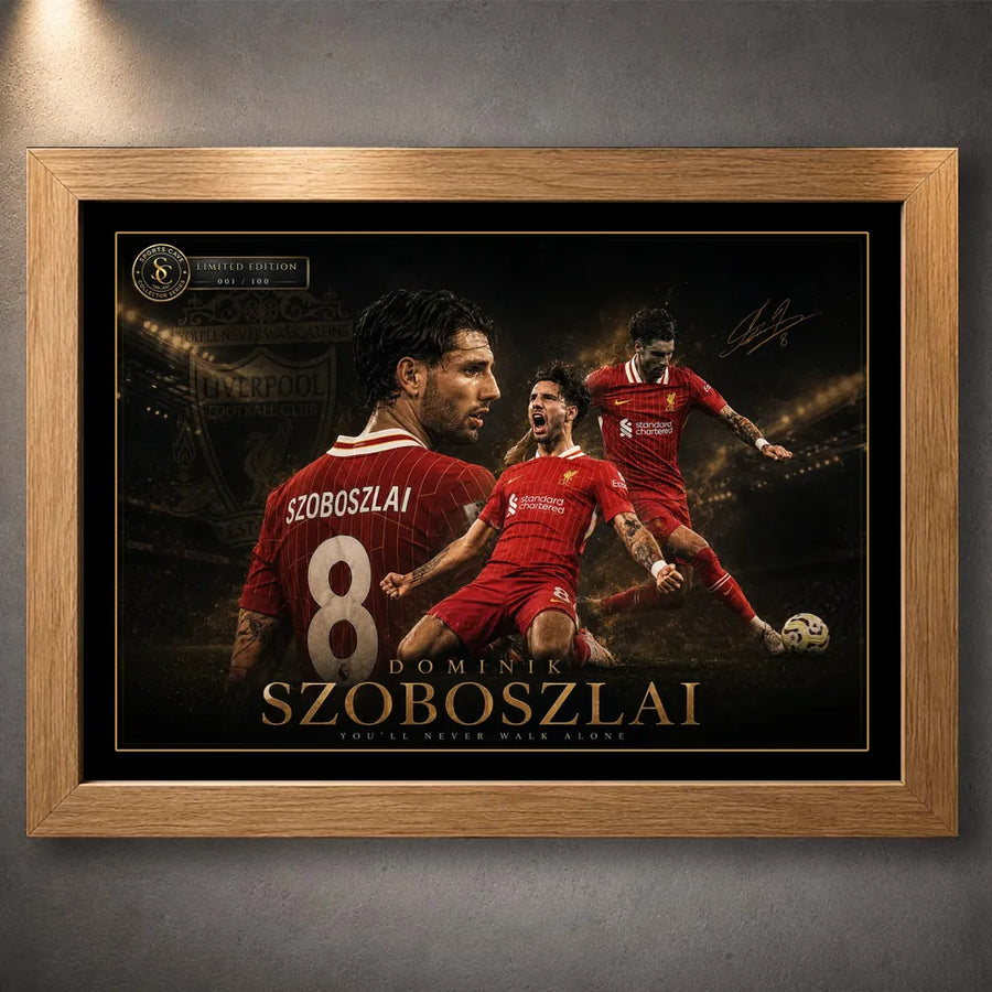 Dominik Szoboszlai Liverpool FC soccer wall art in an oak frame with red kit action artwork and gold border.