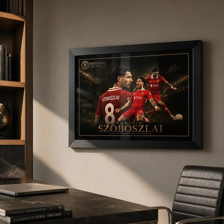 Dominik Szoboszlai Liverpool FC black framed soccer wall art above a desk in a modern home office.