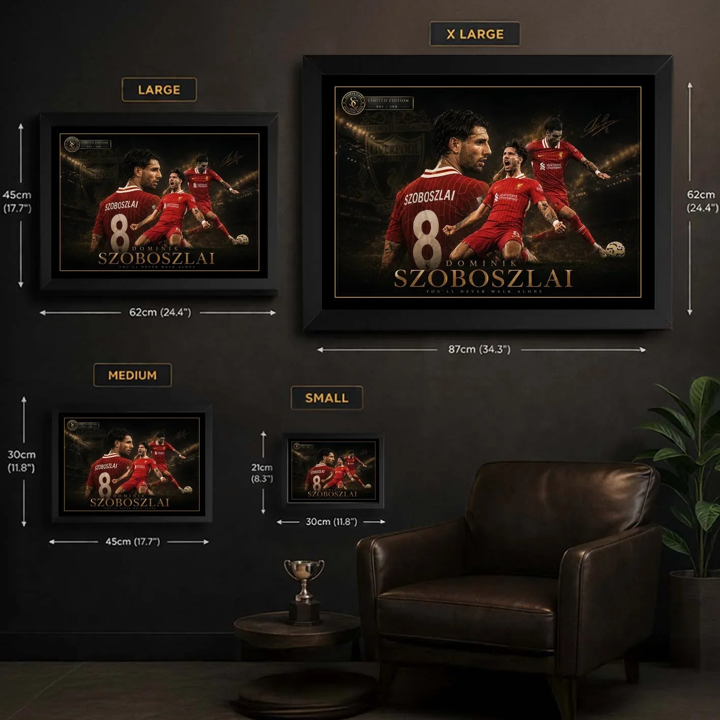 Dominik Szoboszlai Liverpool FC framed soccer wall art size guide showing S, M, L and XL frame dimensions.
