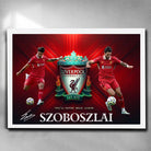 Dominik Szoboszlai Liverpool FC white framed poster featuring dynamic action shots and club crest, perfect football art for fans.